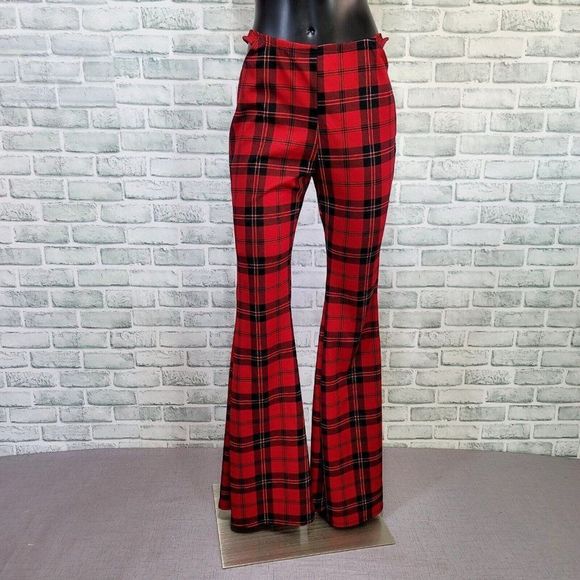 Just Polly Womens L Red Buffalo Plaid Cutout Hip Flare Leg Trendy Pants - Picture 2 of 8
